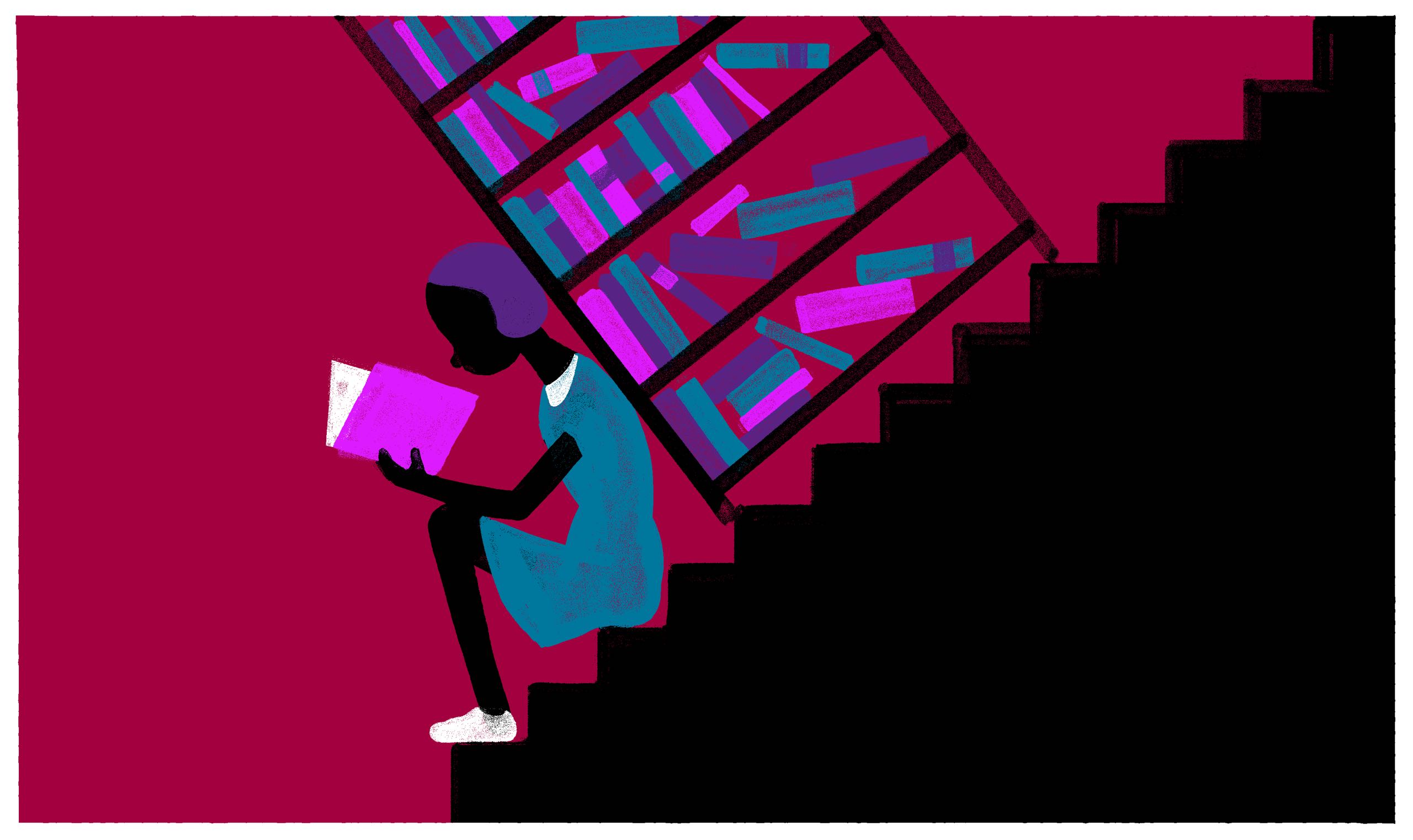 A minimalist illustration of a young woman reading a book on a flight of steps. There is a maroon background and a...