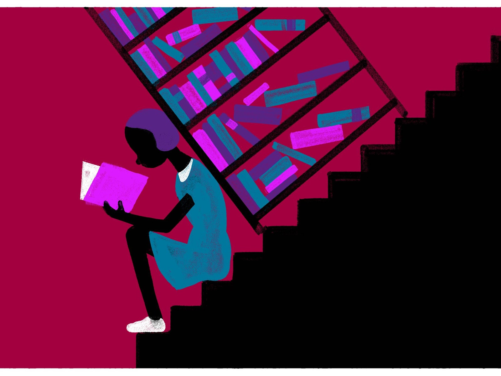 A minimalist illustration of a young woman reading a book on a flight of steps. There is a maroon background and a...