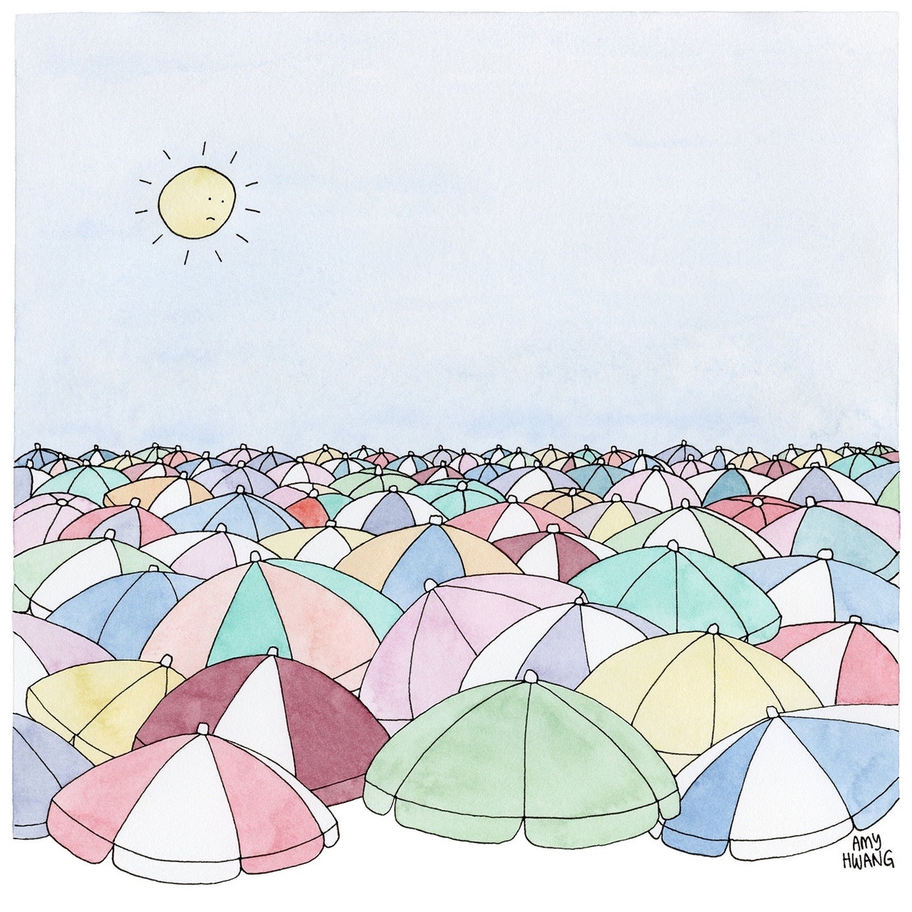 A shining sun in a cloudless sky slightly frowns at a sea of beach umbrellas below that create a full canopy.