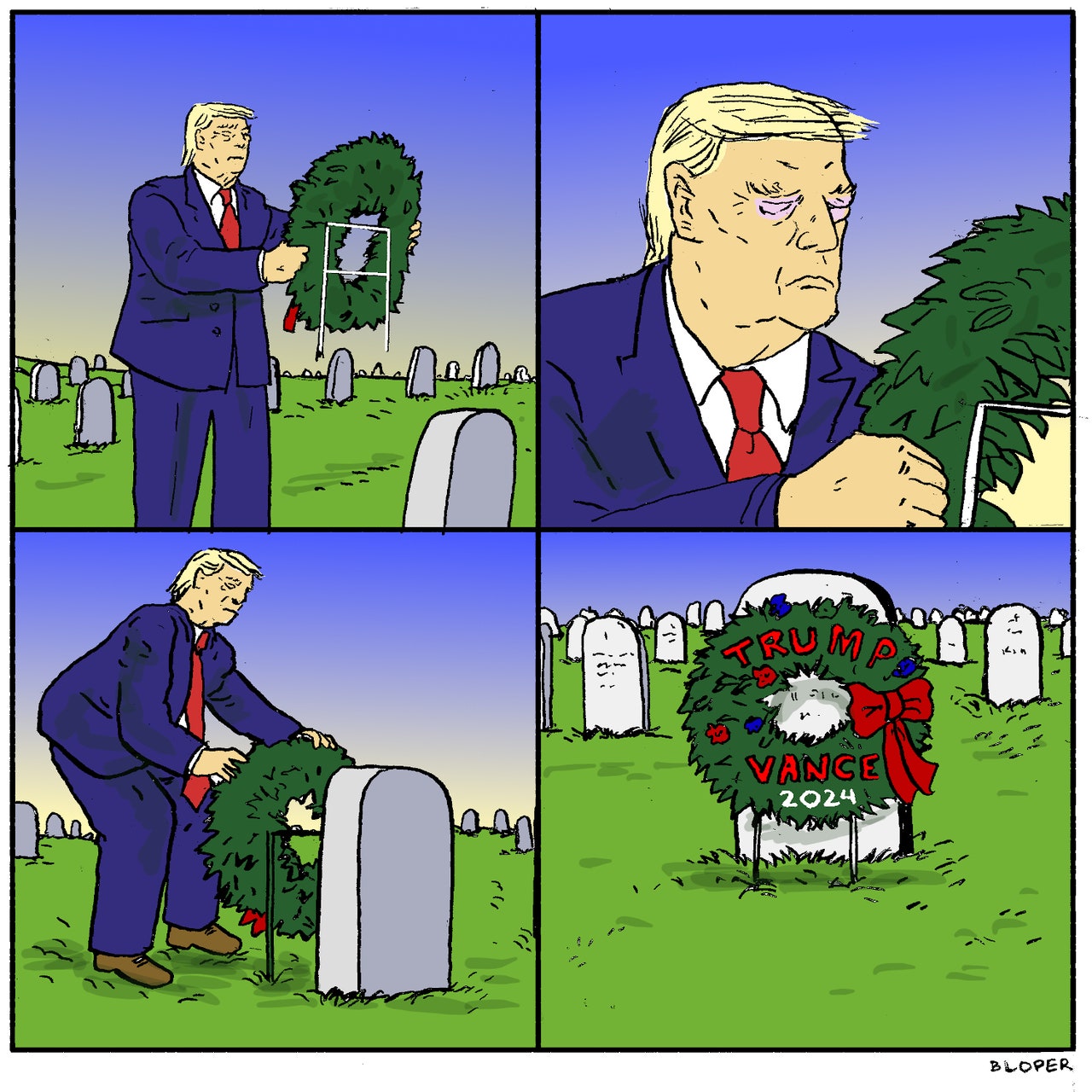 A fourpanel illustration of Donald Trump laying a wreath at a tombstone in honor of his 2024 Presidential campaign.