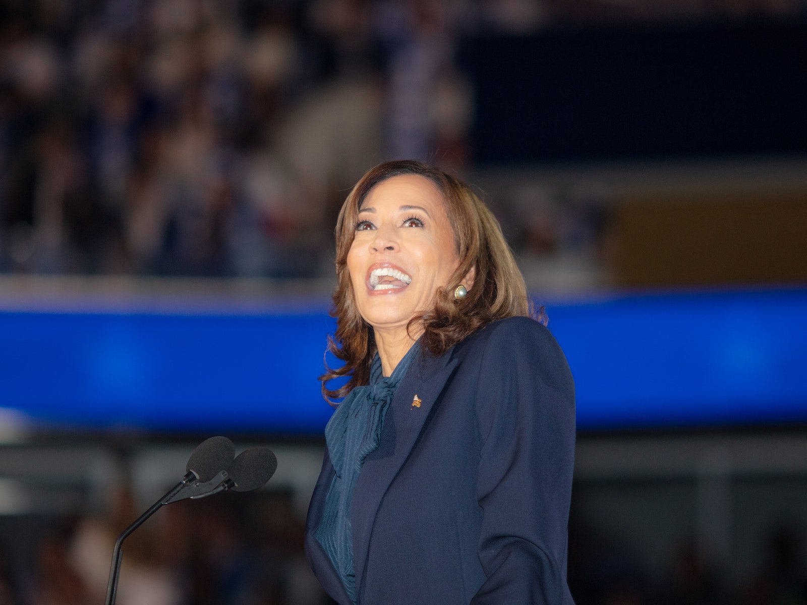 A photo of VicePresident Kamala Harris onstage at the 2024 Democratic National Convention in Chicago.