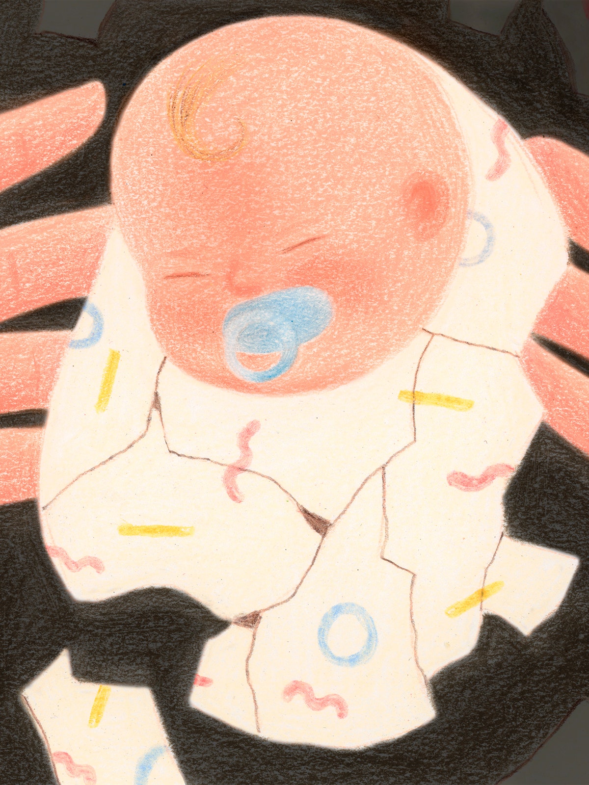 Illustration of a baby being dropped and shattering into pieces.