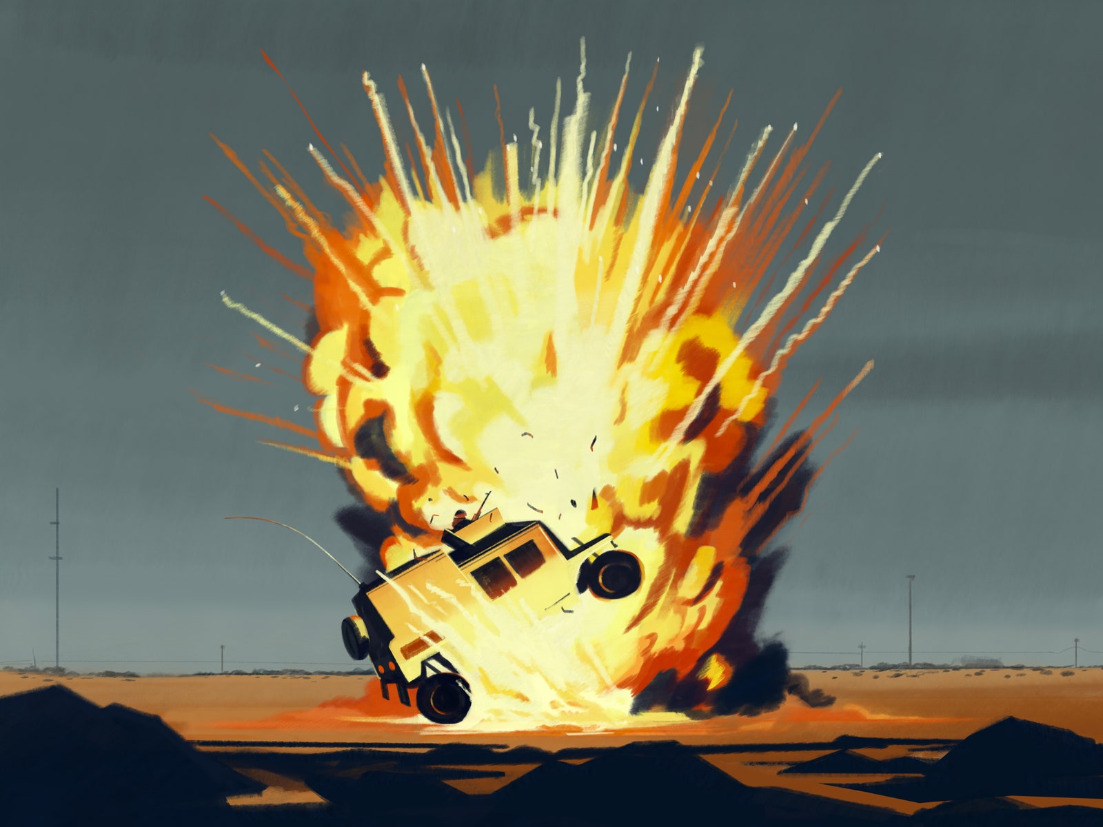 Illustration of a humvee exploding