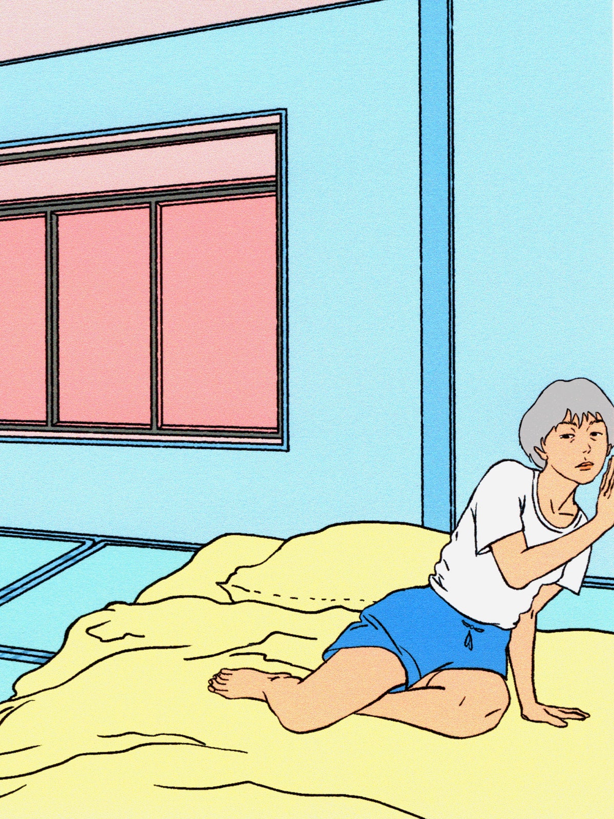 Illustration of a woman sitting over a futon knocking at a wall.