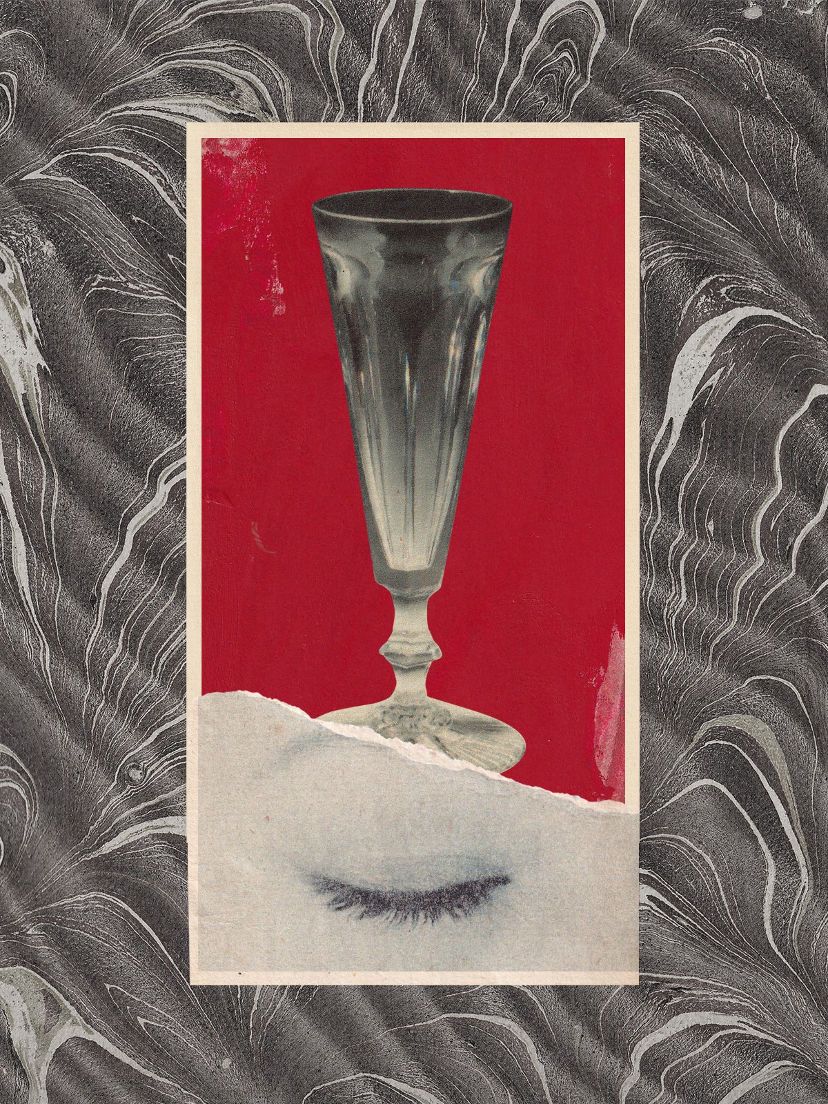 Illustrated collage of a champagne glass and the eye of a sleeping person.