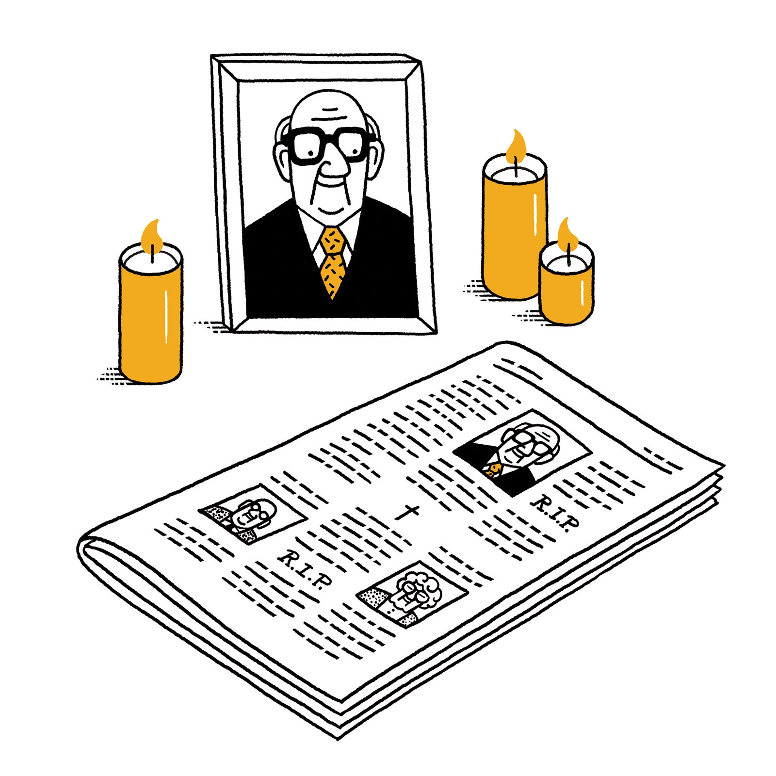 Candles and a newspaper placed in front of a framed photo of a man.