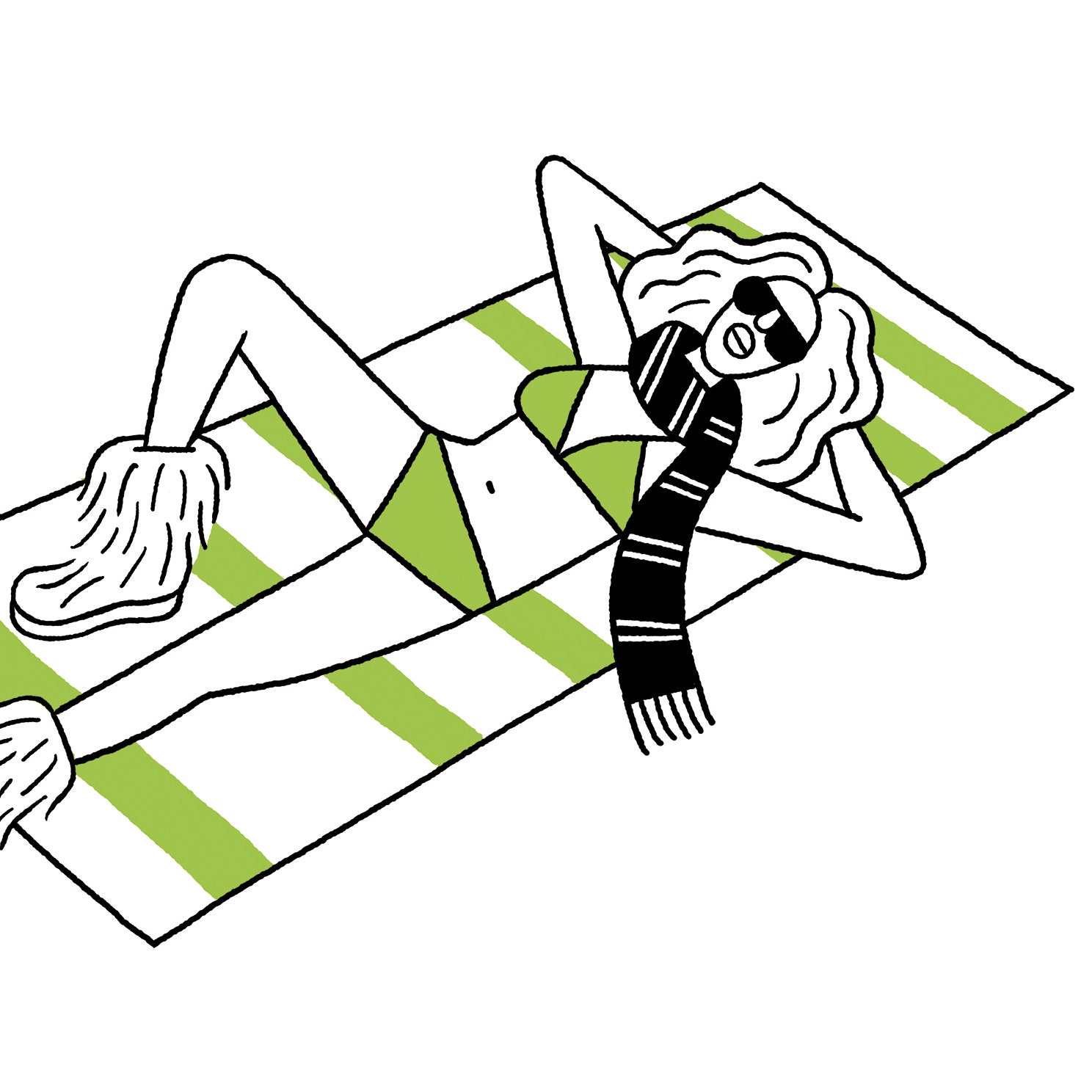 A woman laying on a blanket wearing a lime green bikini.