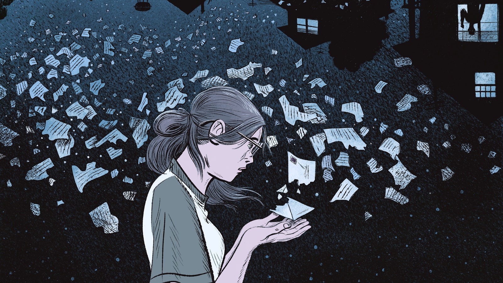 Illustration of a woman holding a letter as it's disintegrates into the sky