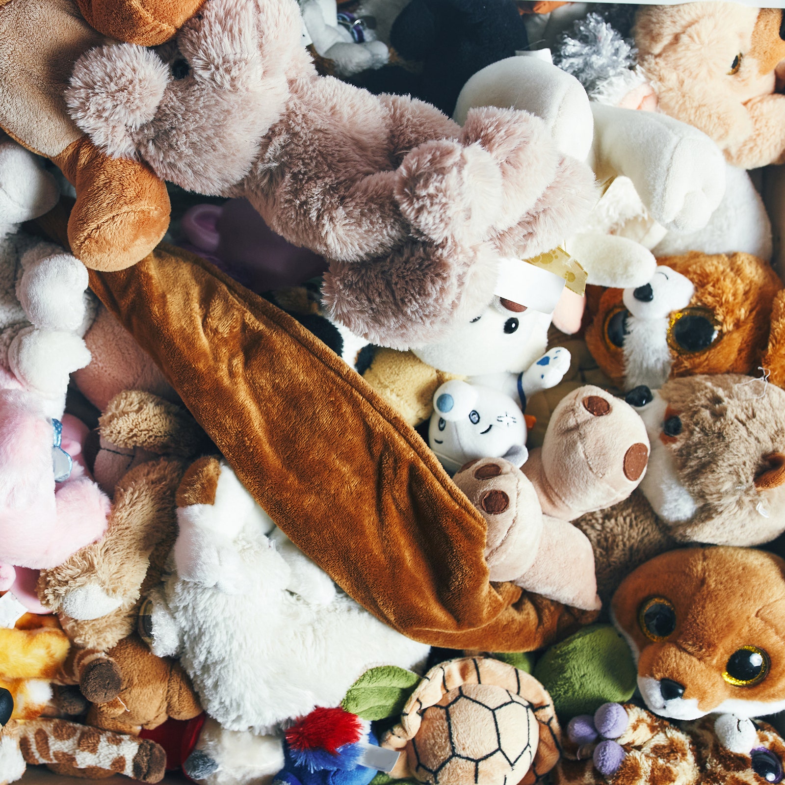 A large pile of soft colorful toys lies on the floor