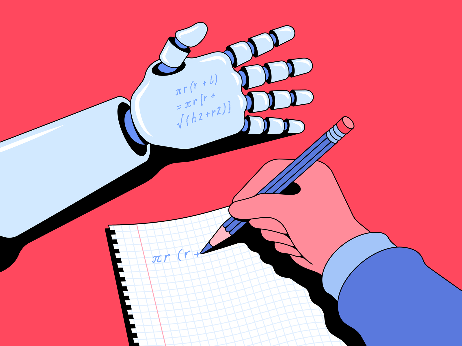 Illustration of a student cheating off a robot hand.